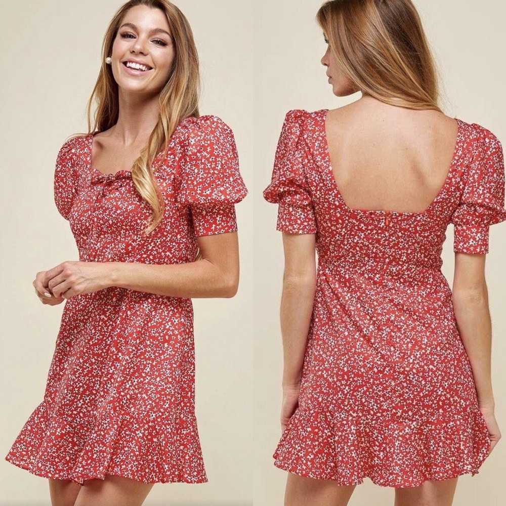 NWT Red puff sleeve floral summer mini dress, Small - Picture 1 of 5